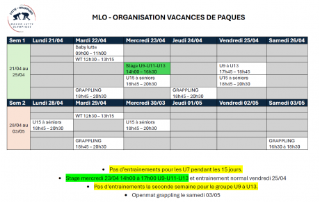 Information organisation vacances de Pâques